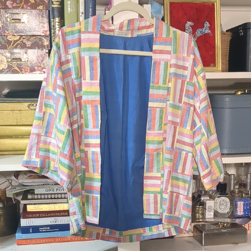Vintage Patchwork Stripped Pasted Open Front Cotton Cardigan Kimono